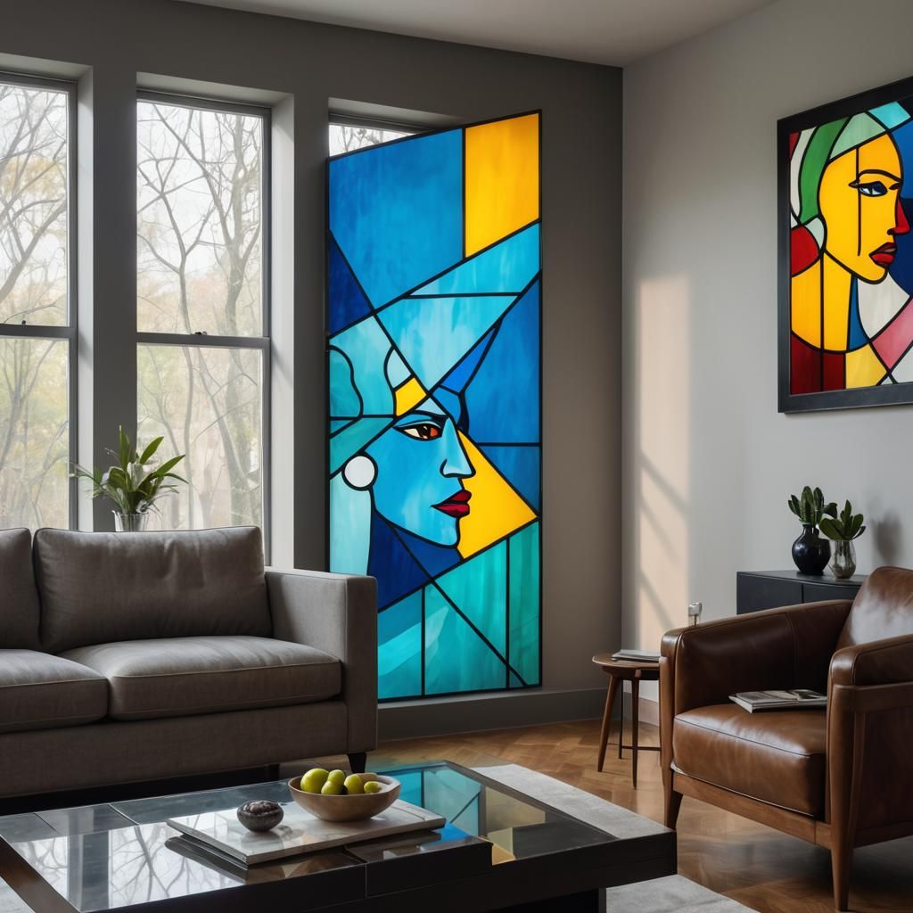 Stained glass separator in a living room, with a modern cubi...