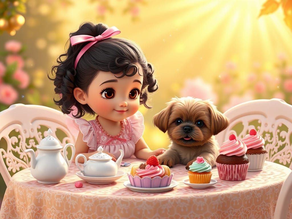 Whimsical Toddler Girl and Shihtzu Puppy at a Vintage Tea Pa...