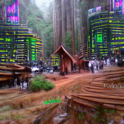 Techno dystopian village in redwood forest valley
