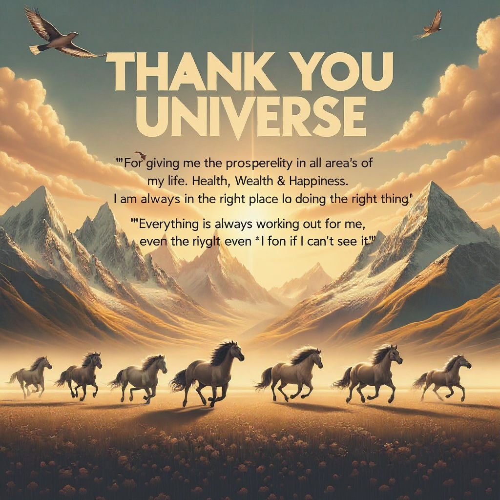 A poster with a heading in Bold - Thank you Universe
With a background of 7 horses running out from open plain area under mountains with sun...