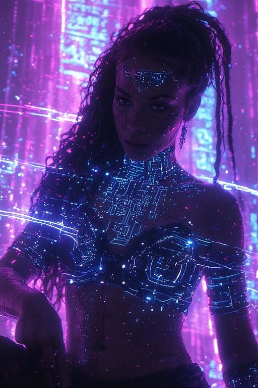 An Amazonian warrior, reimagined as a cyberpunk hacker, deep...