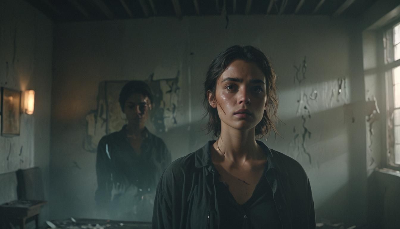 A stark, dimly lit room filled with broken dreams and shatte...
