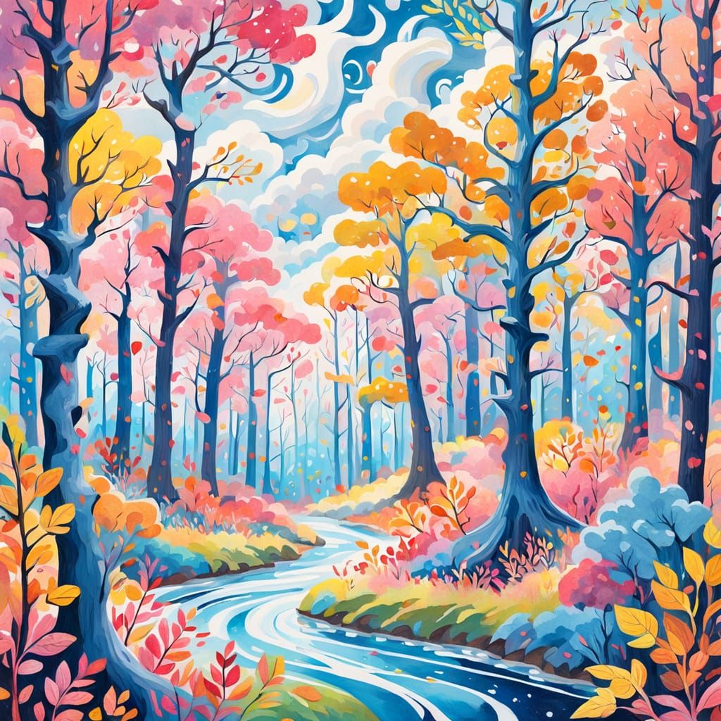 Whimsical Gouache Trees in a Dreamlike Forest