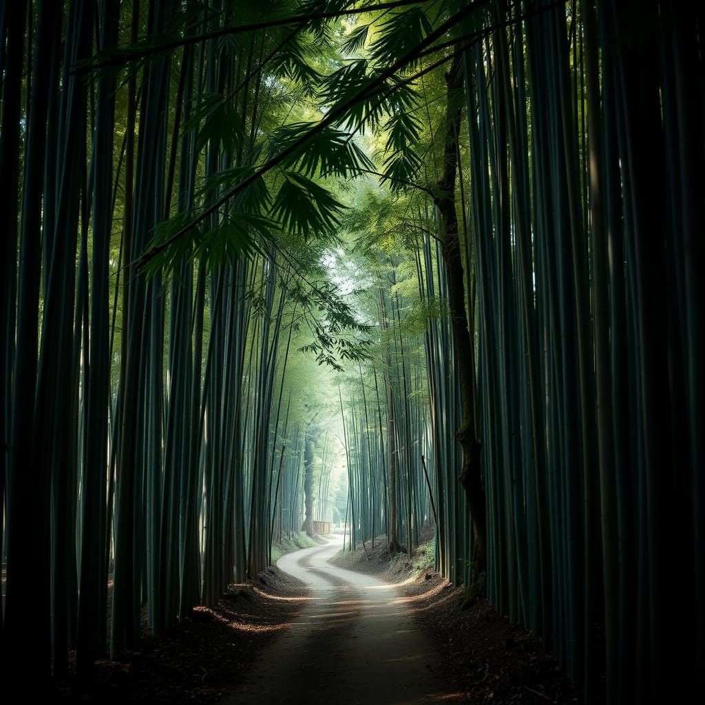 tall bamboo forest, right in the middle a path going into the distance, subdued light, dark green shades ...  by @Aleksey Savenkov
