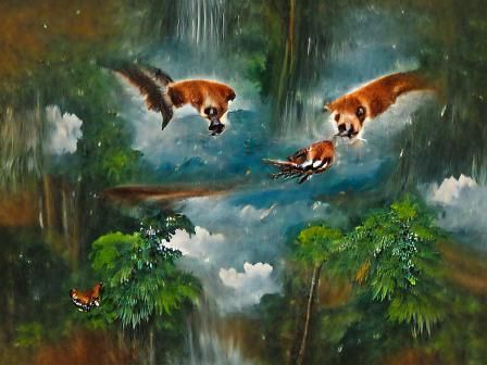 Two red pandas flying over the Amazon rainforest classical o...