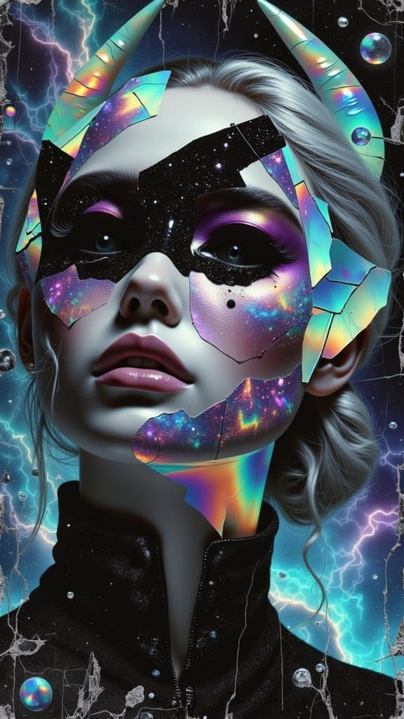 Glamorous, Hyper-Realistic Figure with Iridescent Horns and ...