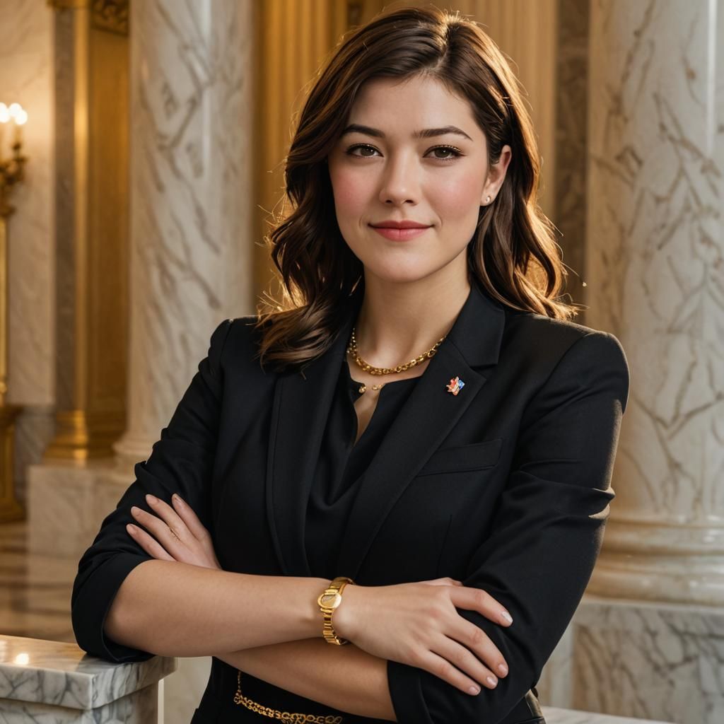 (concept: Mary Elizabeth Winstead), (arms crossed, smiling), Greek God Costume, gold necklace, marble column background, profess...