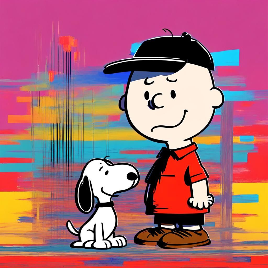 Glitch art of Charlie Brown and Snoopy
