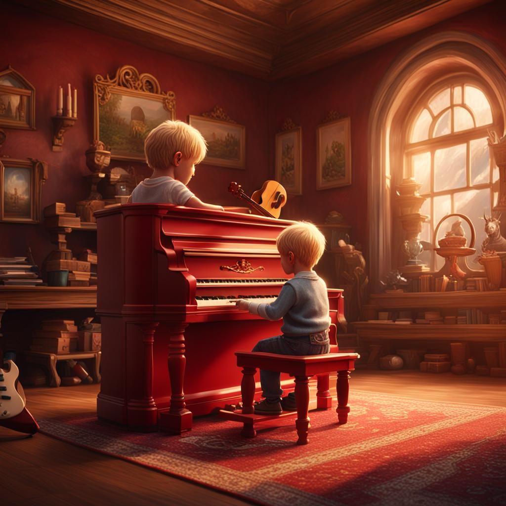 Blond Toddlers Playing Piano and Guitar
