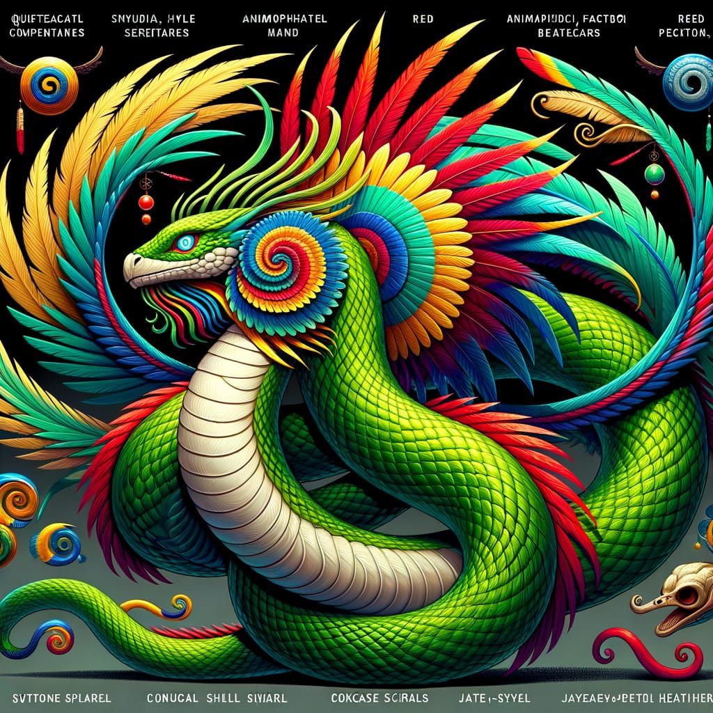 Créez une créature mi‑homme, mi‑serpent inspirée de Quetzalcoatl dans un style animé/vectoriel