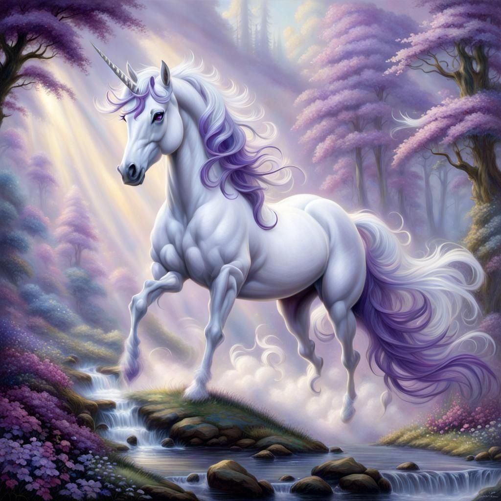 White And Purple Misty Unicorn - Ai Generated Artwork - Nightcafe Creator