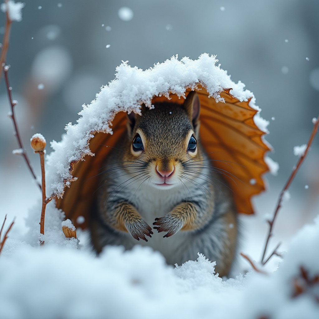 squirrel hiding under a leaf for shelter:: winter wonderland:: white snow storm::insanely realistic::insanely ...  by @  debster