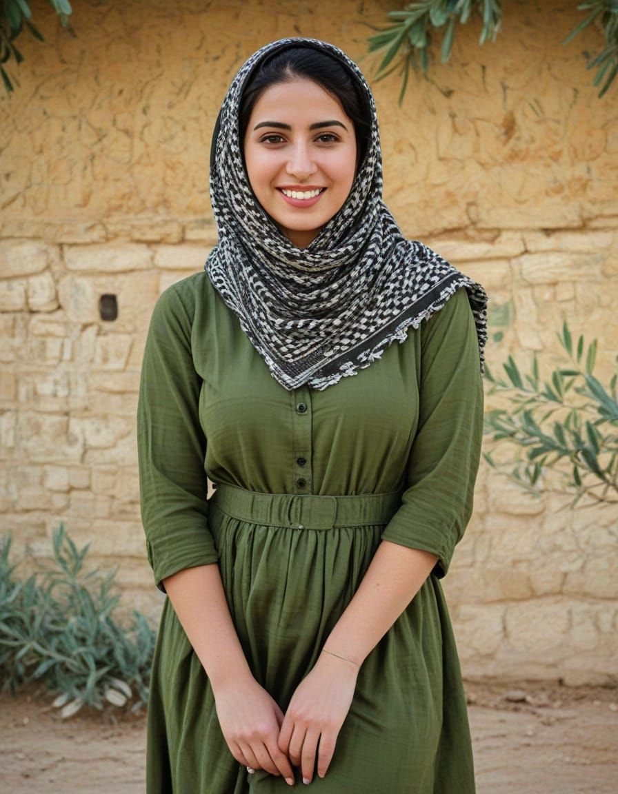 Surreal Olive Green Impasto Portrait of Palestinian Woman