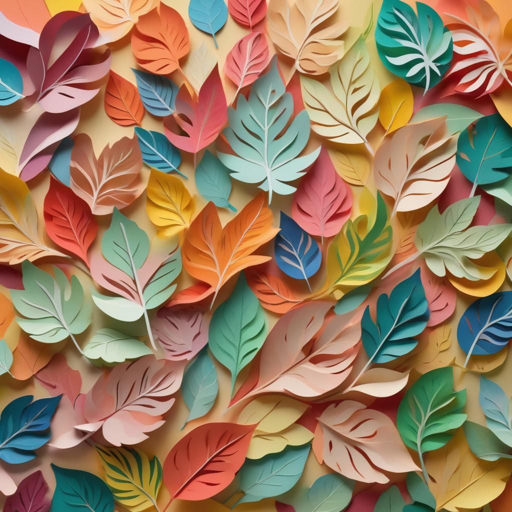 A colorful collage of layered paper leaves in different shap...
