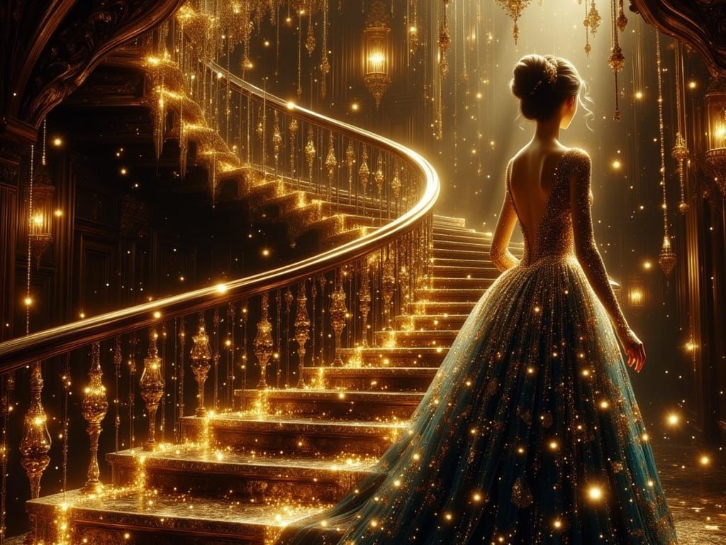 a beautifully detailed bronze staircase with intricate golden sparkles and pearls set against a dark ...  by @Mira Sky