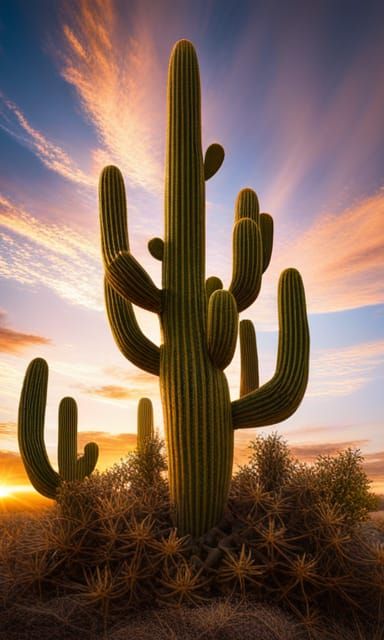 cactus, a towering saguaro cactus with multiple arms reaching towards the sky, in a field of blooming ...  by @Andy Roberts