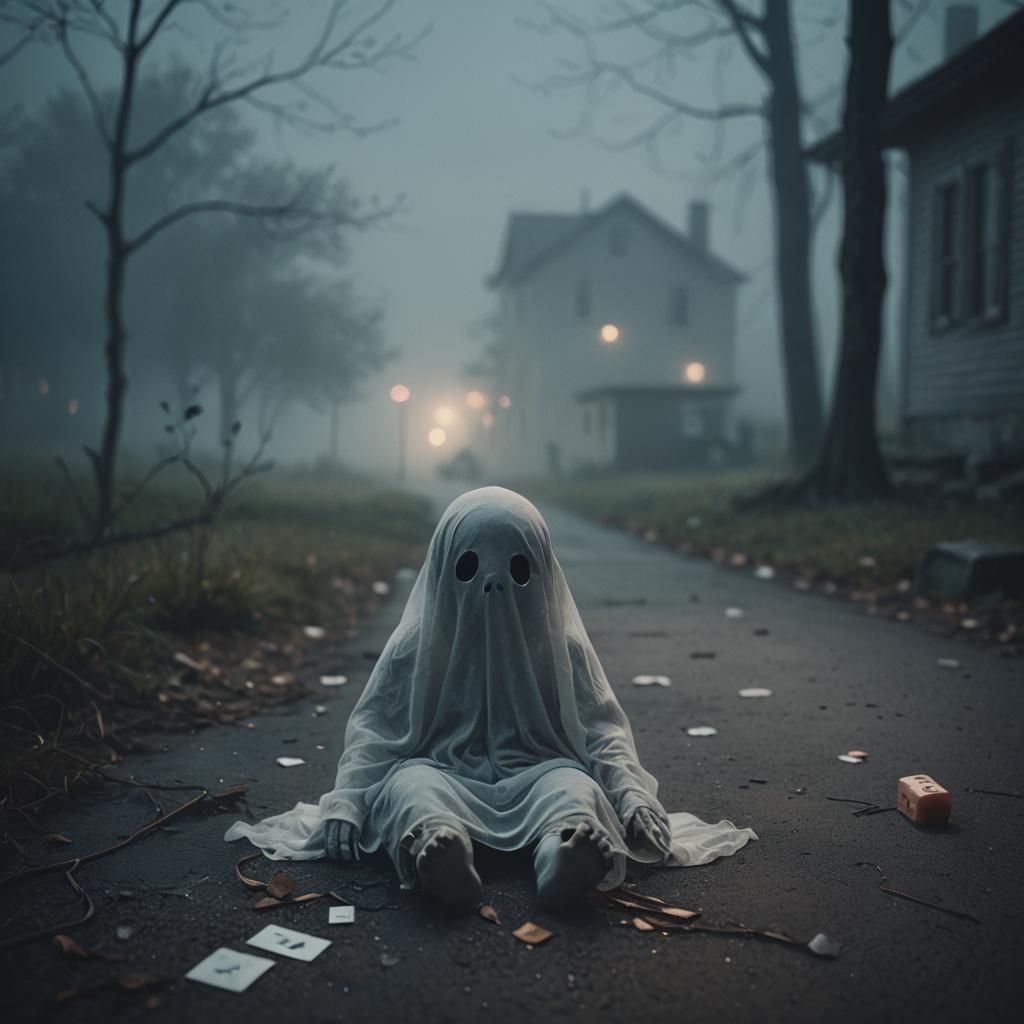 Sad Ghost with Band-Aid in Eerie Mist
