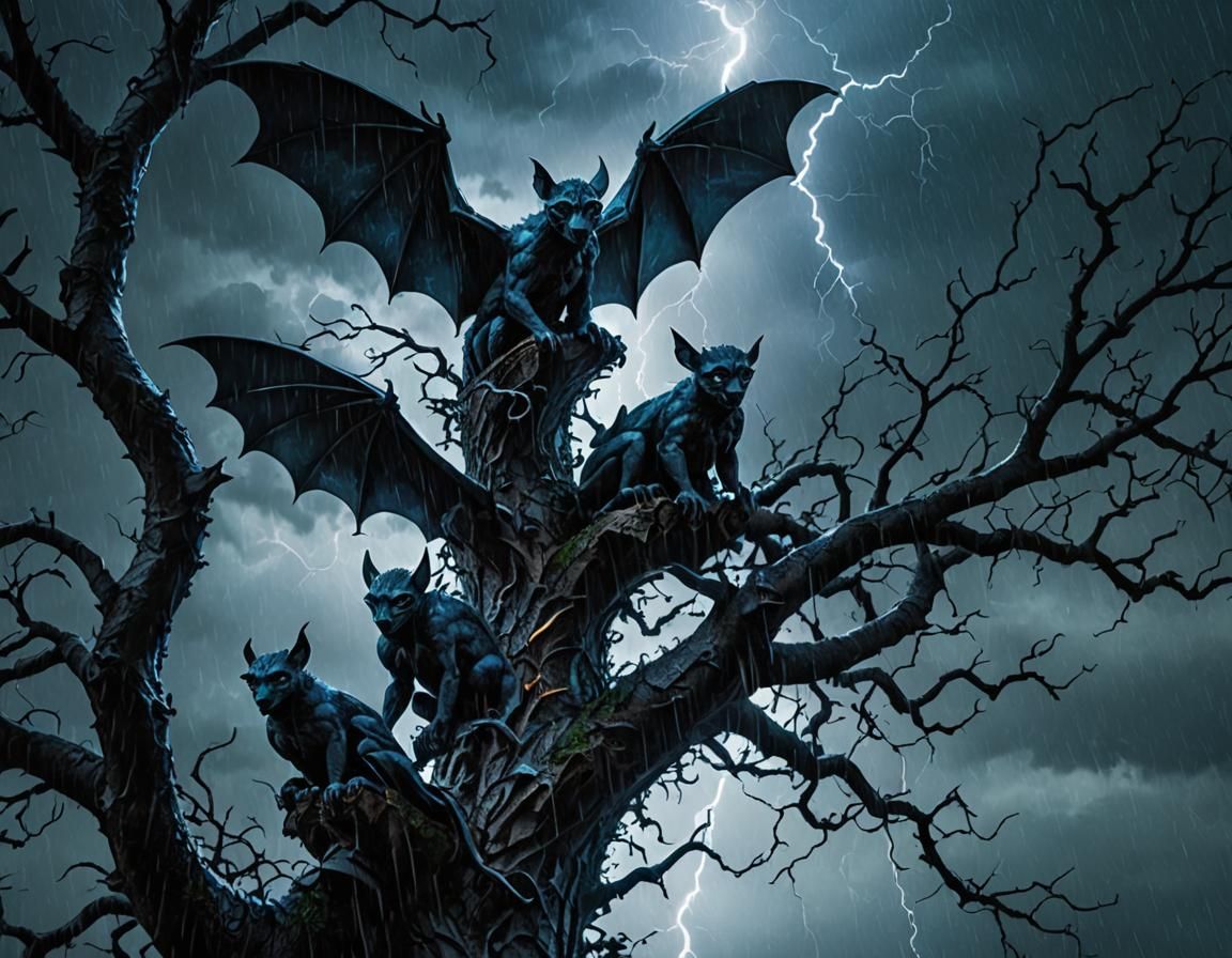 tree of life with bat like gargoyles sitting on the branches...