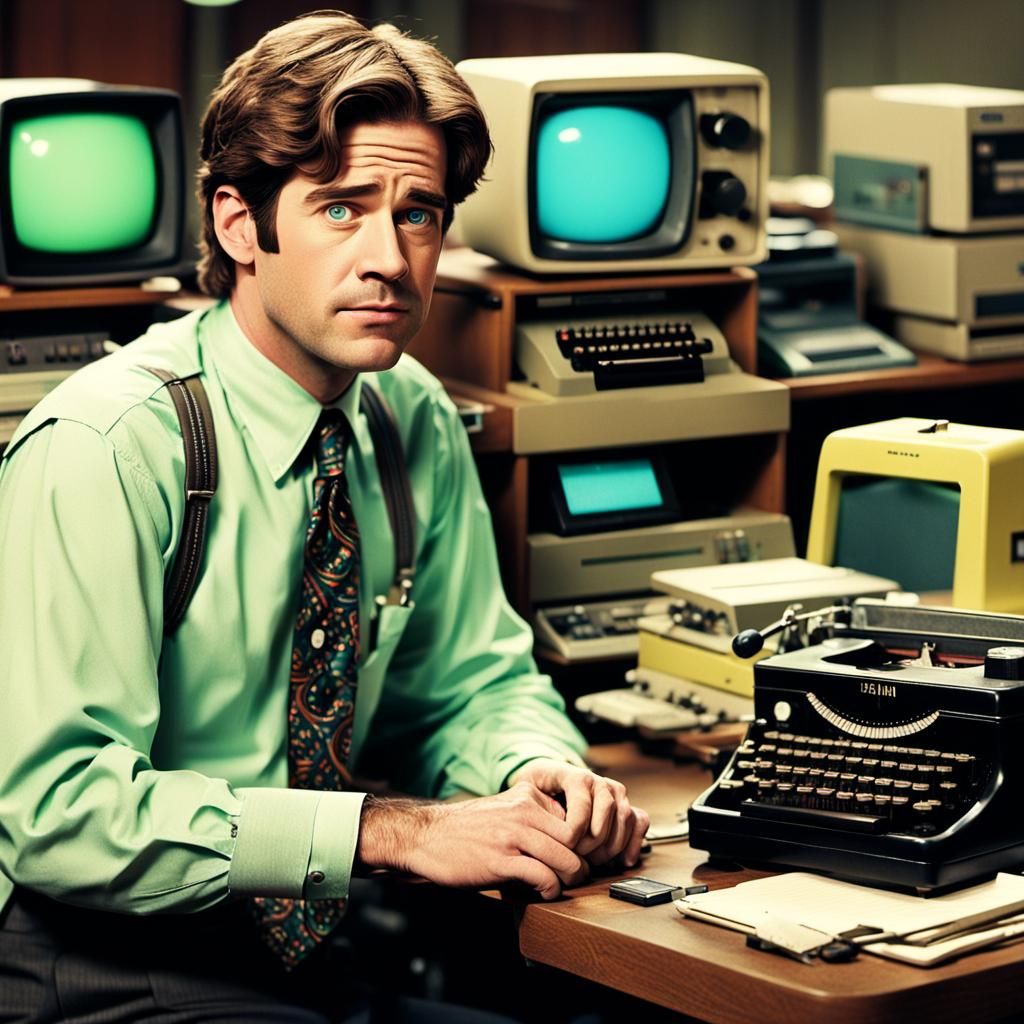 Jim Halpert character captured in the style of a 1980s sitco...