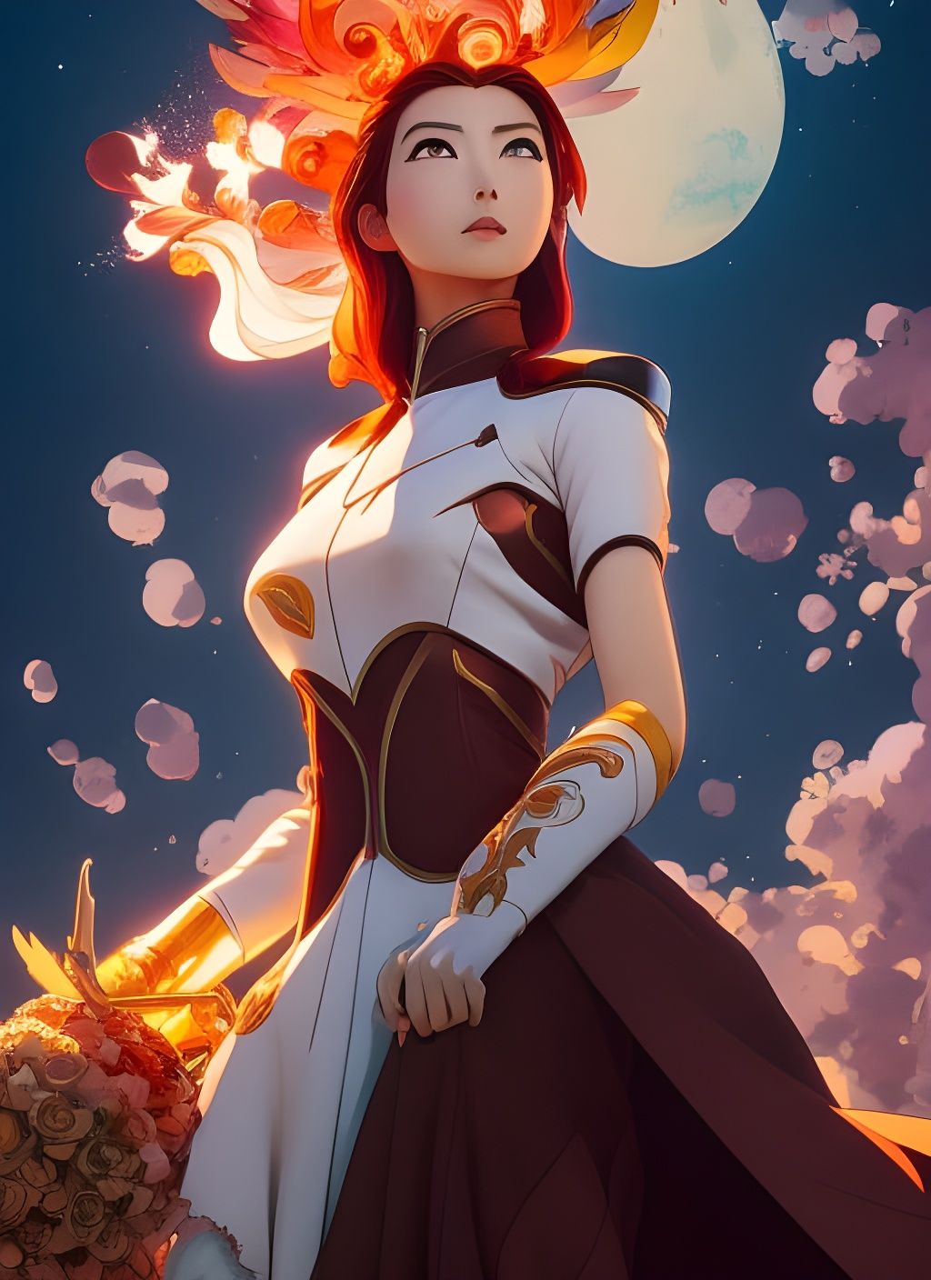 Lexica - Anime, close up portrait woman with fire magic, volcanic landscape