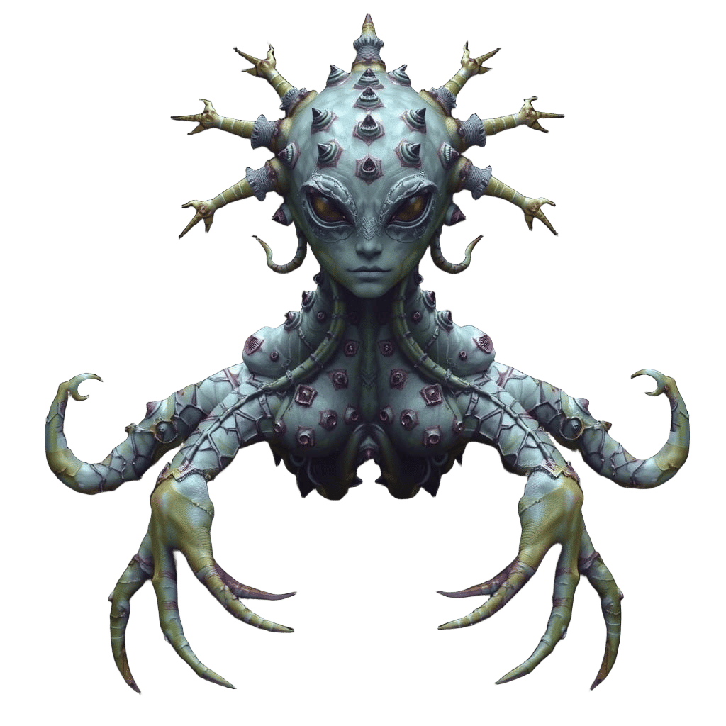 Surreal Amphibious Goddess with Finned Hands and Bony Crown