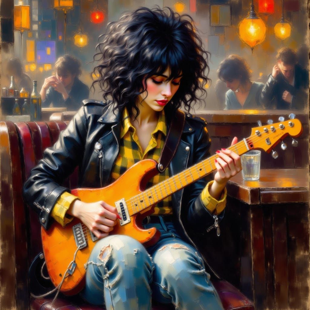 <lora:Impressionist Style:1.0> pretty woman,.messy hair, black and white wavy hair, yellow plaid shirt, large jeans, leather jackets, in bar...