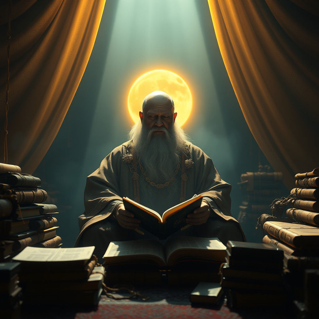 Contemplative Sage Surrounded by Ancient Tomes