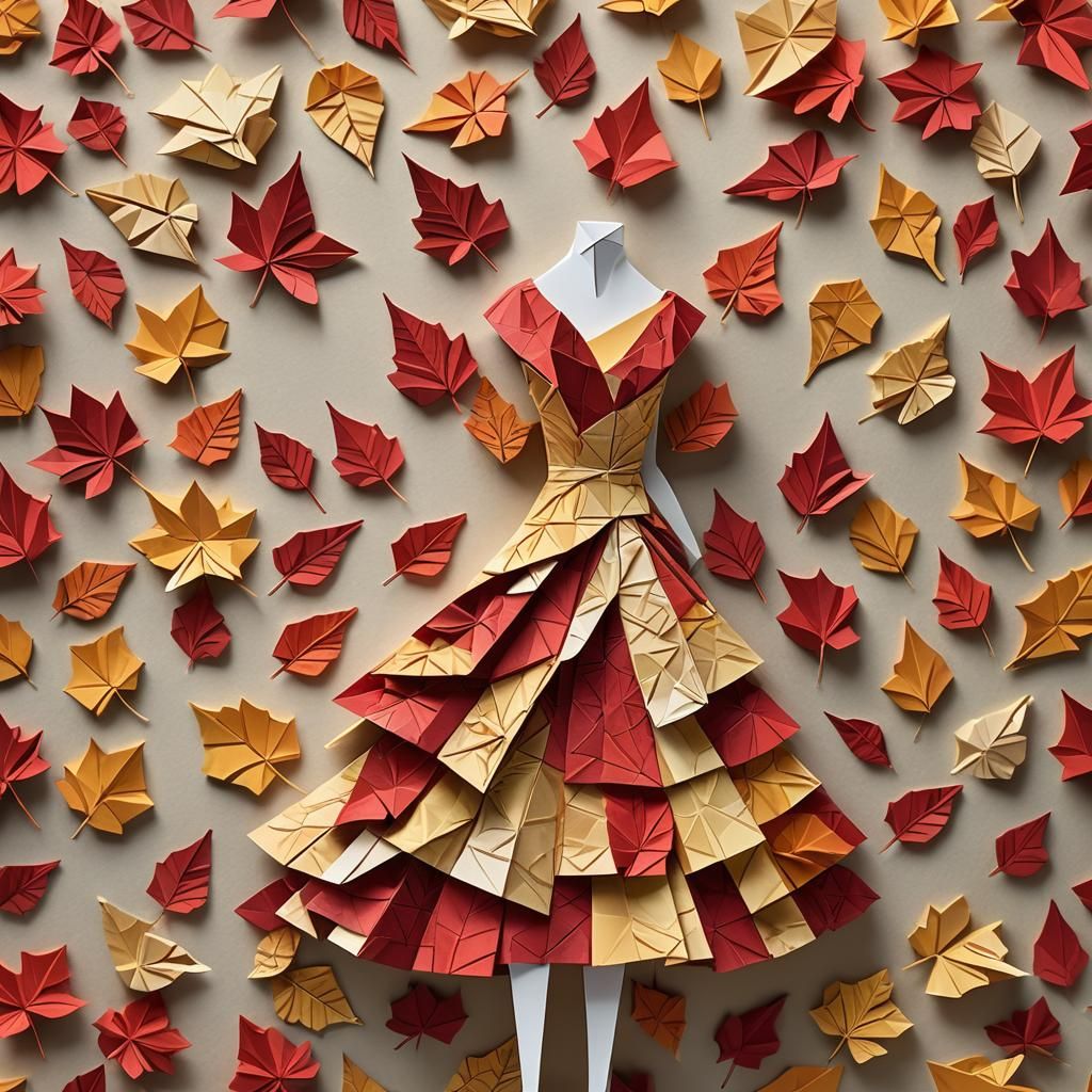 Origami-Inspired Papercraft Dress with Autumn Leaves