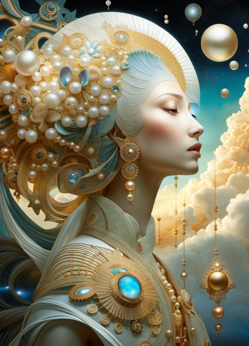 Celestial art heavenly being from White clouds, pearls magic...