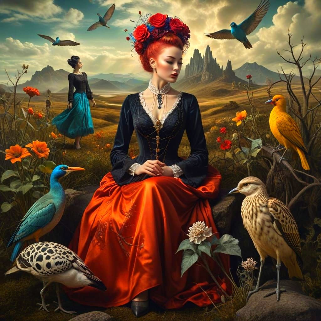 Surrealistic Lady in a Triadic Color Landscape
