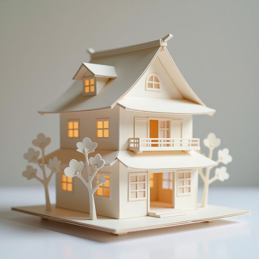 Paper House with Delicate Japanese Texture in Watercolor