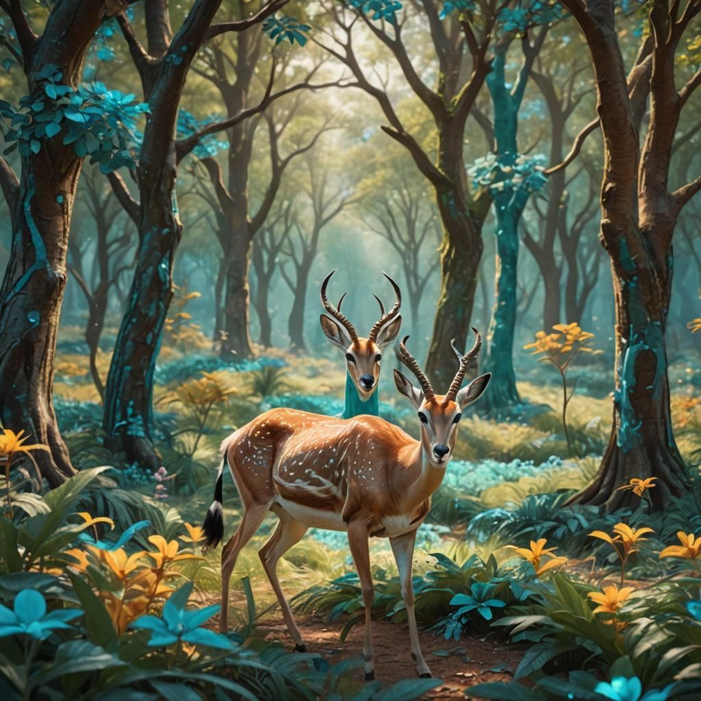 Gazelle Runs Through Forest in Magical Realism