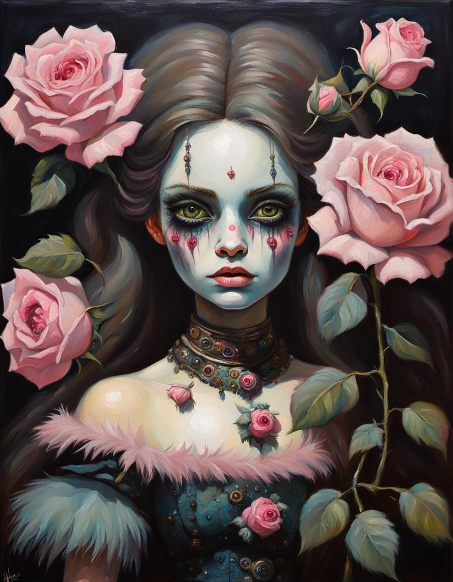 Monster doll woman with beautiful Pink roses with fur dress