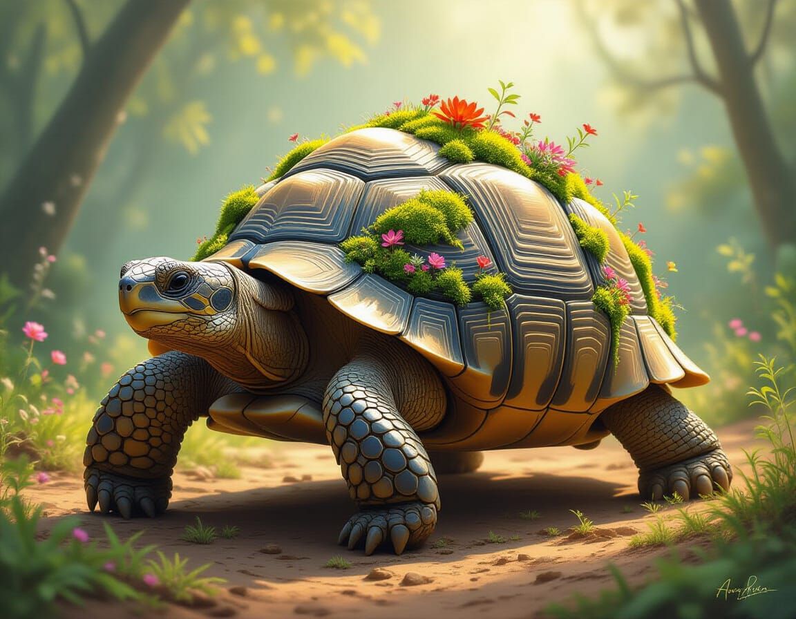 A majestic, elderly tortoise walks slowly in the hazy light; its enormous shell transforms into a lush miniature jungle with mosses, lichens...