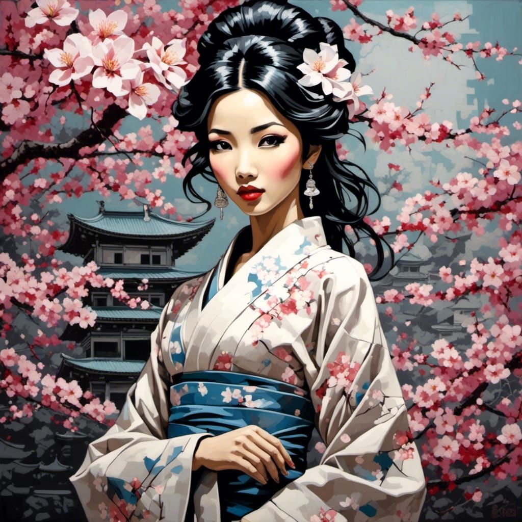 Japanese woman in a cherry blossom garden in Japan