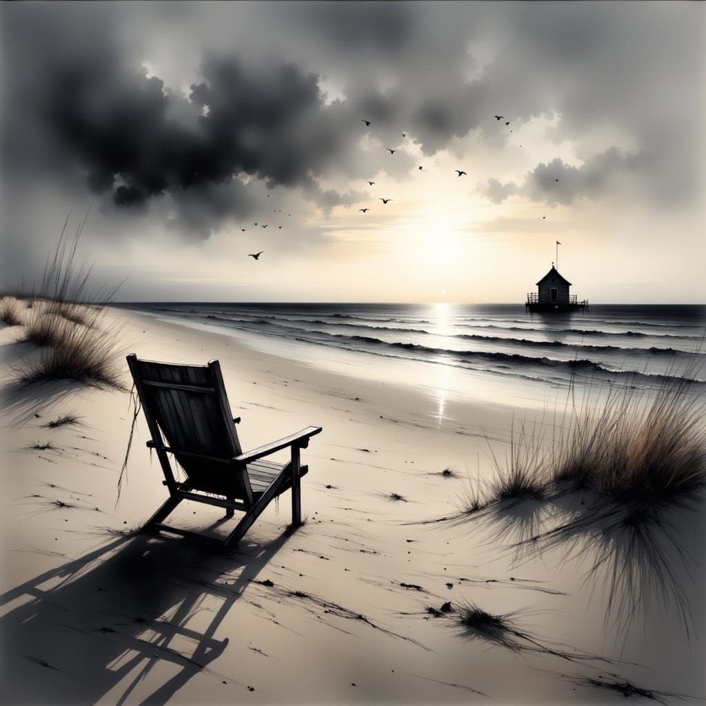 <lora:Lights:1.0> Jeremy Mann wet brush oil on canvas. Scratchy sharp lines charcoal drawing. Beautiful dawn beach with a lone empty deckcha...