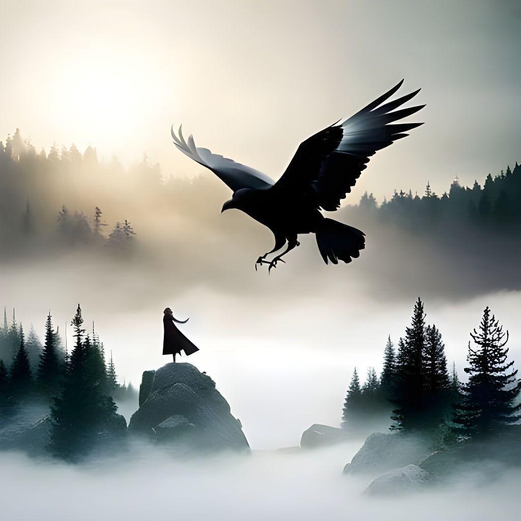Fairytale Girl Reaching for Raven in Misty Forest