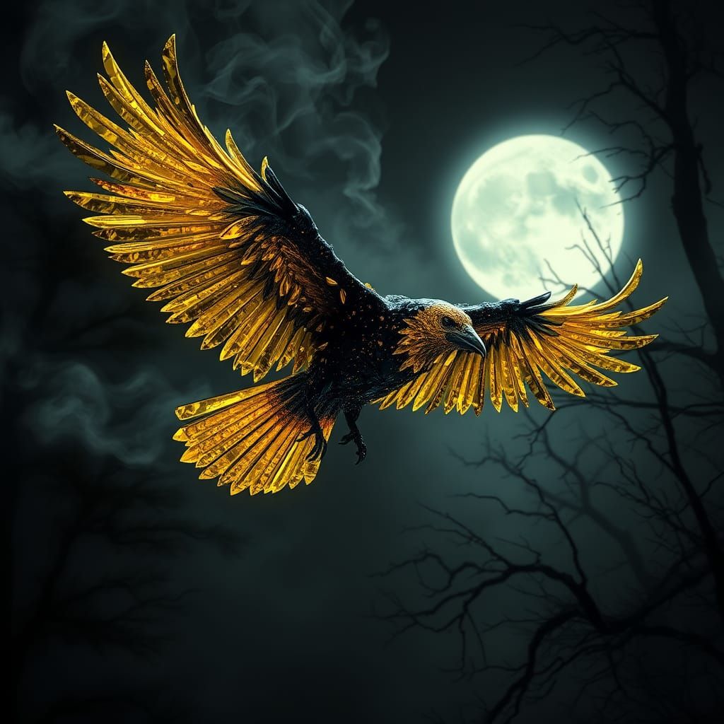 Create a breathtaking, cinematic banksy art image of an epic flying raven intricately crafted from yellow and black crystal glass. The image...