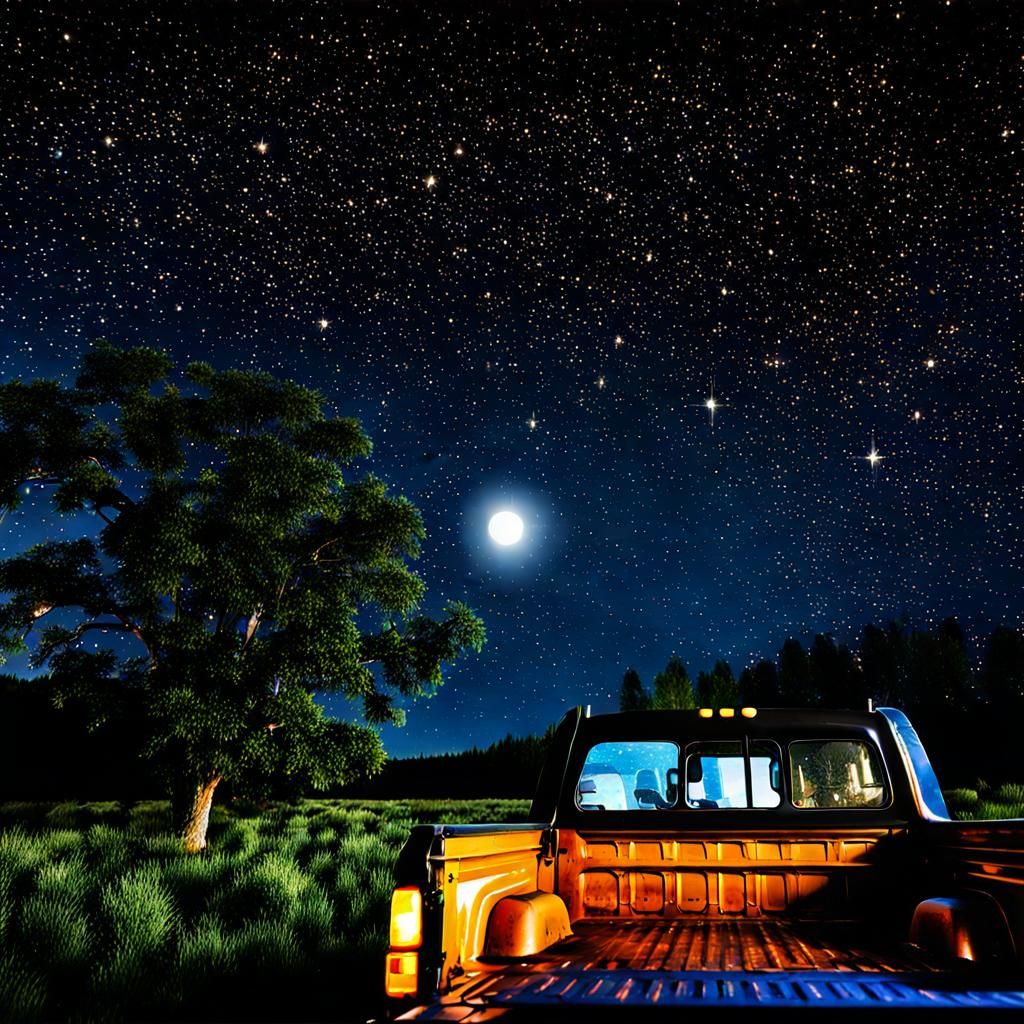 Stargazing in the back of a pickup truck starry night bright moon 