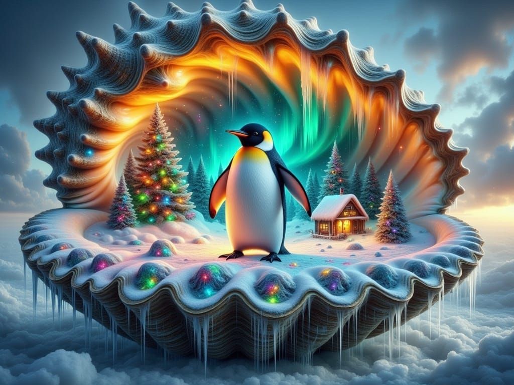 <lora:FiosFantasySeashells:1.0>Hyperdetailed fantasy art of giant open conch shell in a Floating Ice kingdom in the sky. shell's surface rev...