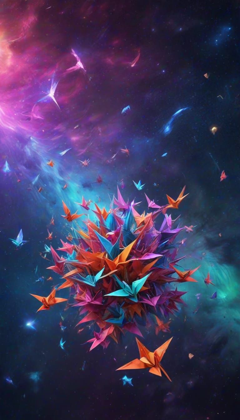 Wide shot of 1000 origami paper cranes floating in space. With nebula planets stars and Galaxy in the background. Galaxy galactic. Intricate...