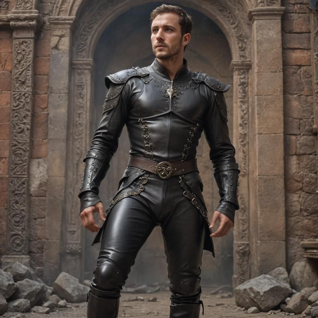 Full body Man wearing leather codpiece, beautiful compositio...
