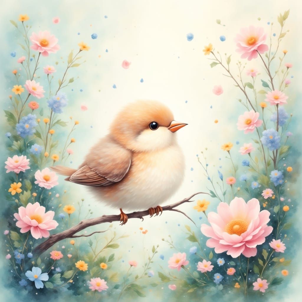 Cute bird in pastel paint in yard <lora:Pastel Dreams:1.0>