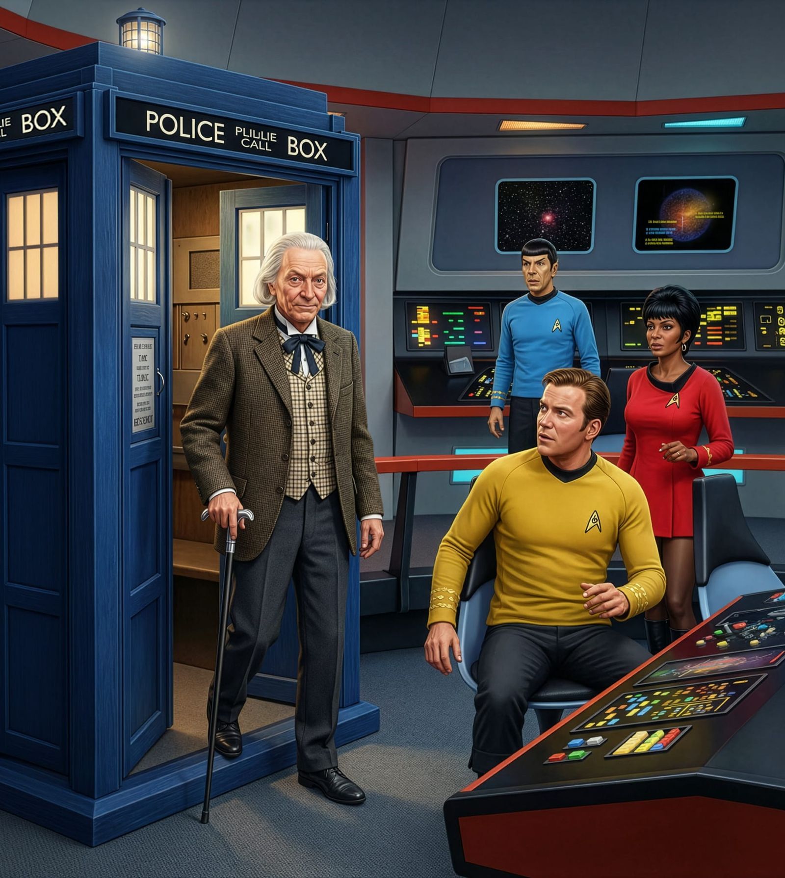 The 1st Doctor stepping onto the Bridge of the Enterprise
