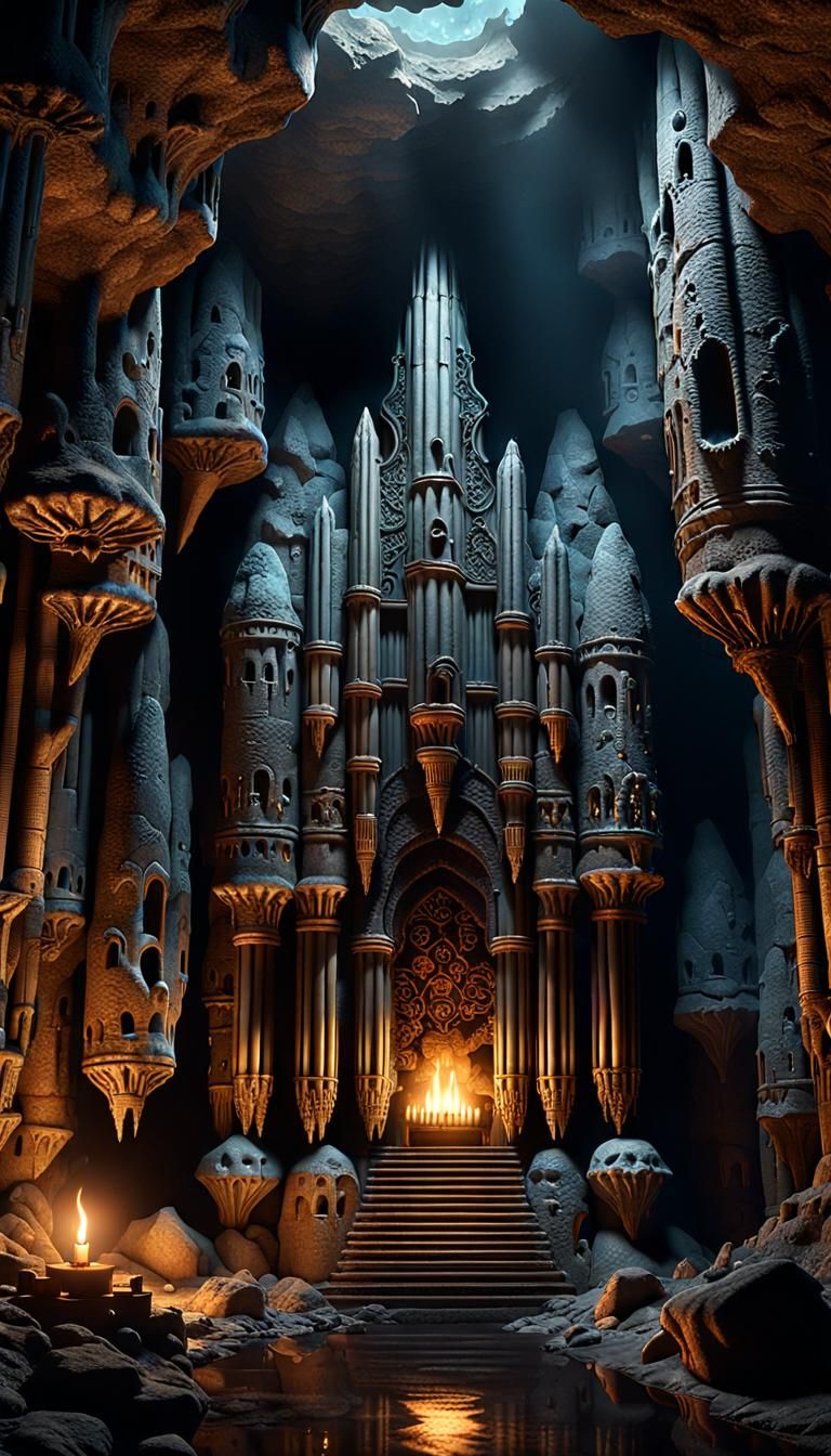 A cave with stalactites hanging from the ceiling in a pattern similar to a pipe organ tubes. Lit up with ...  by @JaceGt 