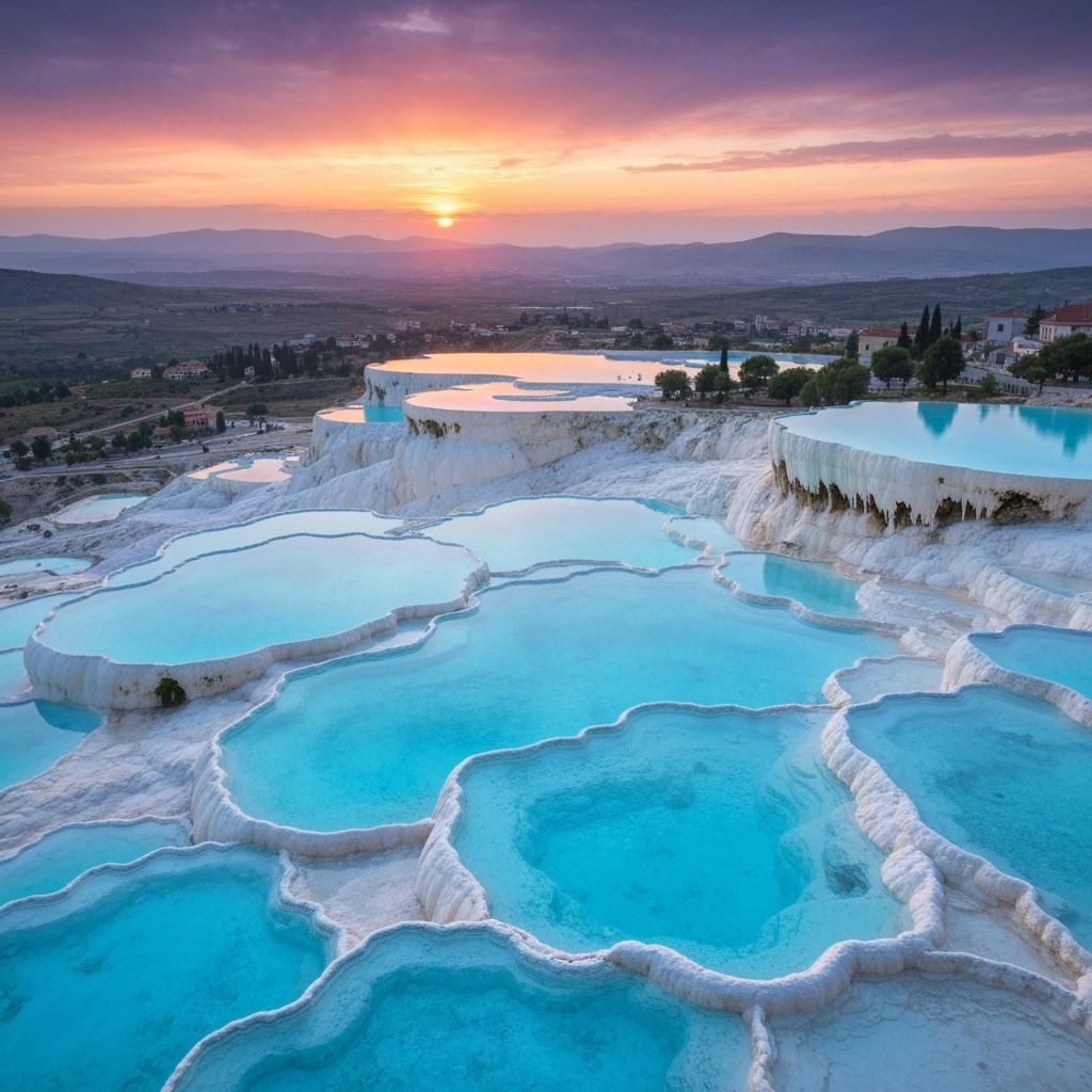 Cascading Turquoise Thermal Pools at Sunset: An Impressionis...