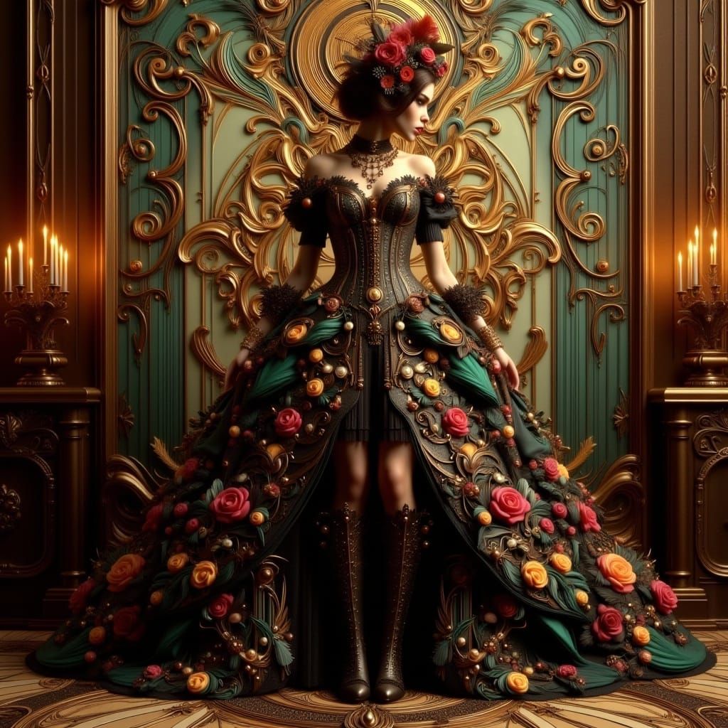  <lora:Art Nouveau Punk V2:1.0> beautiful woman in an art nouveau punk dress and boots, Klimt inspired background, ambient lighting 