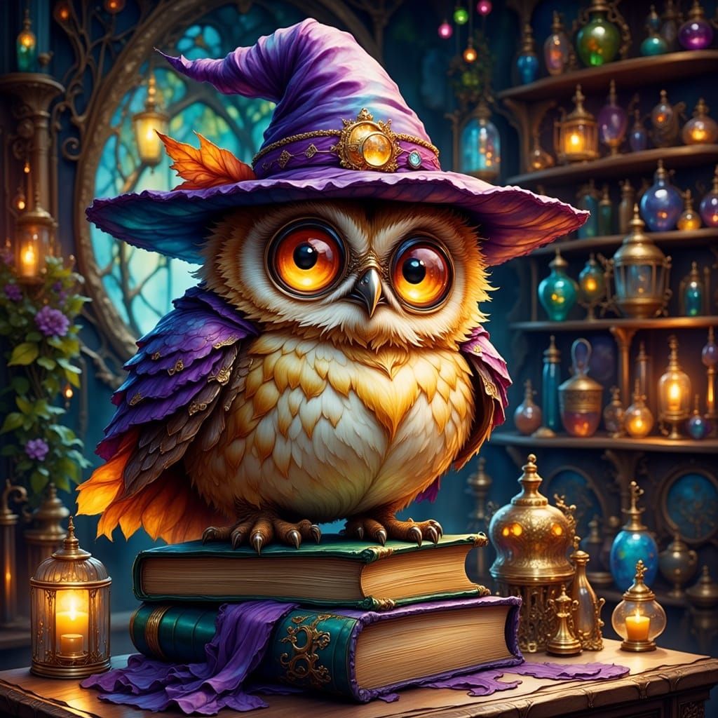 A whimsical, slightly mischievous owl wearing a tiny, ill-fitting wizard hat and spectacles, perched on a stack of ancient, glowing spellboo...