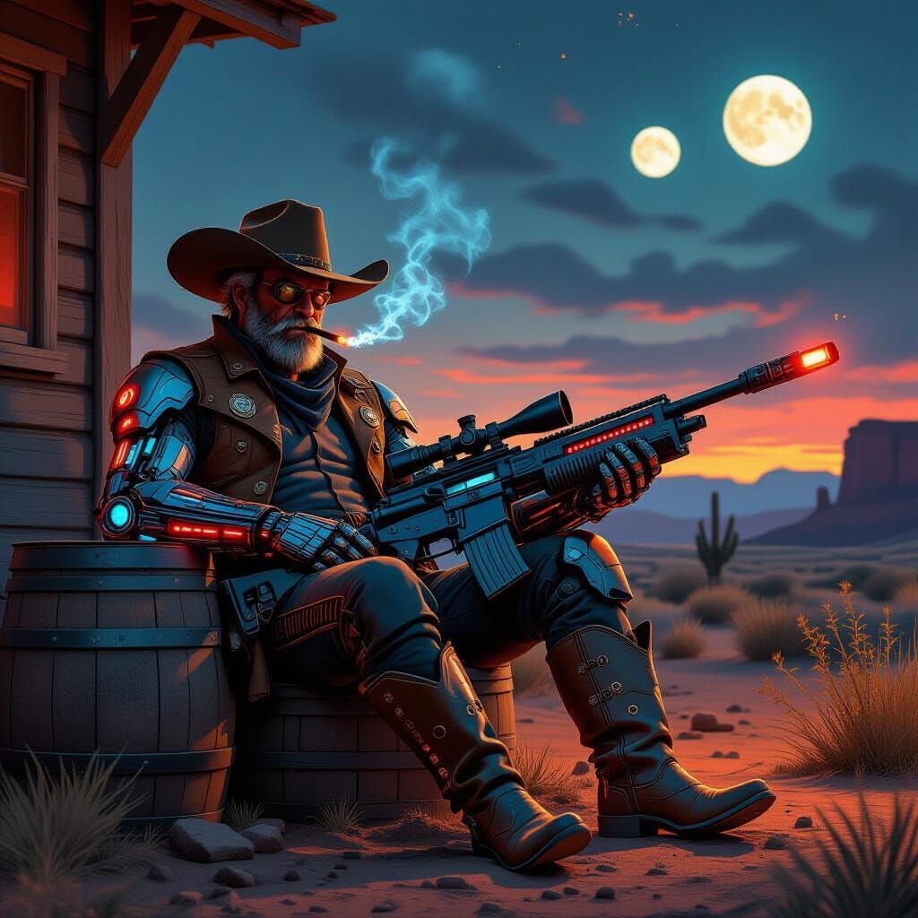 On a small, dusty outpost planet, the local sheriff lounges outside his modest homestead, half-asleep. His wide-brimmed hat is pulled low ov...