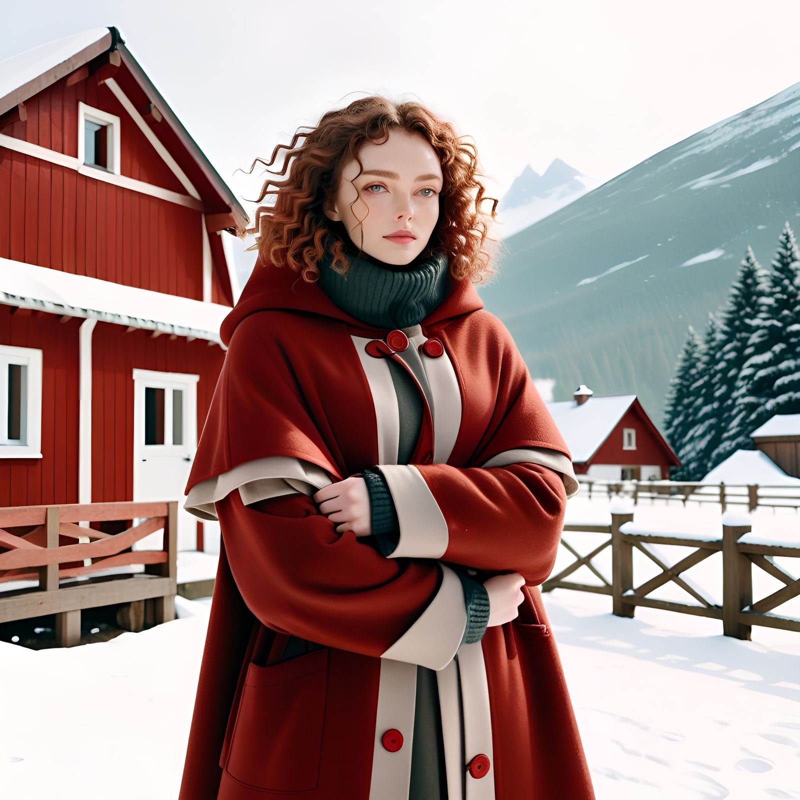 a woman is standing outside in the snow,